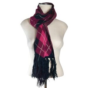 Reversible Argyle Knit Scarf with Tassel Fringe Heritage Print Dark Acad…